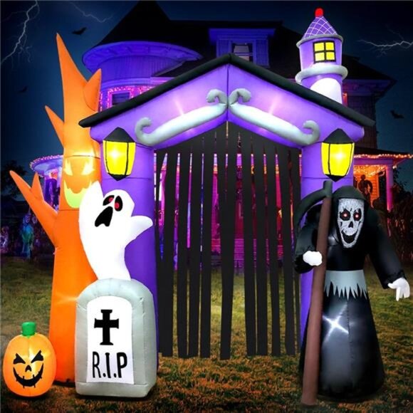 9 FT Halloween Inflatables Haunted House Castle Archway Decoration with Led - Picture 1 of 7